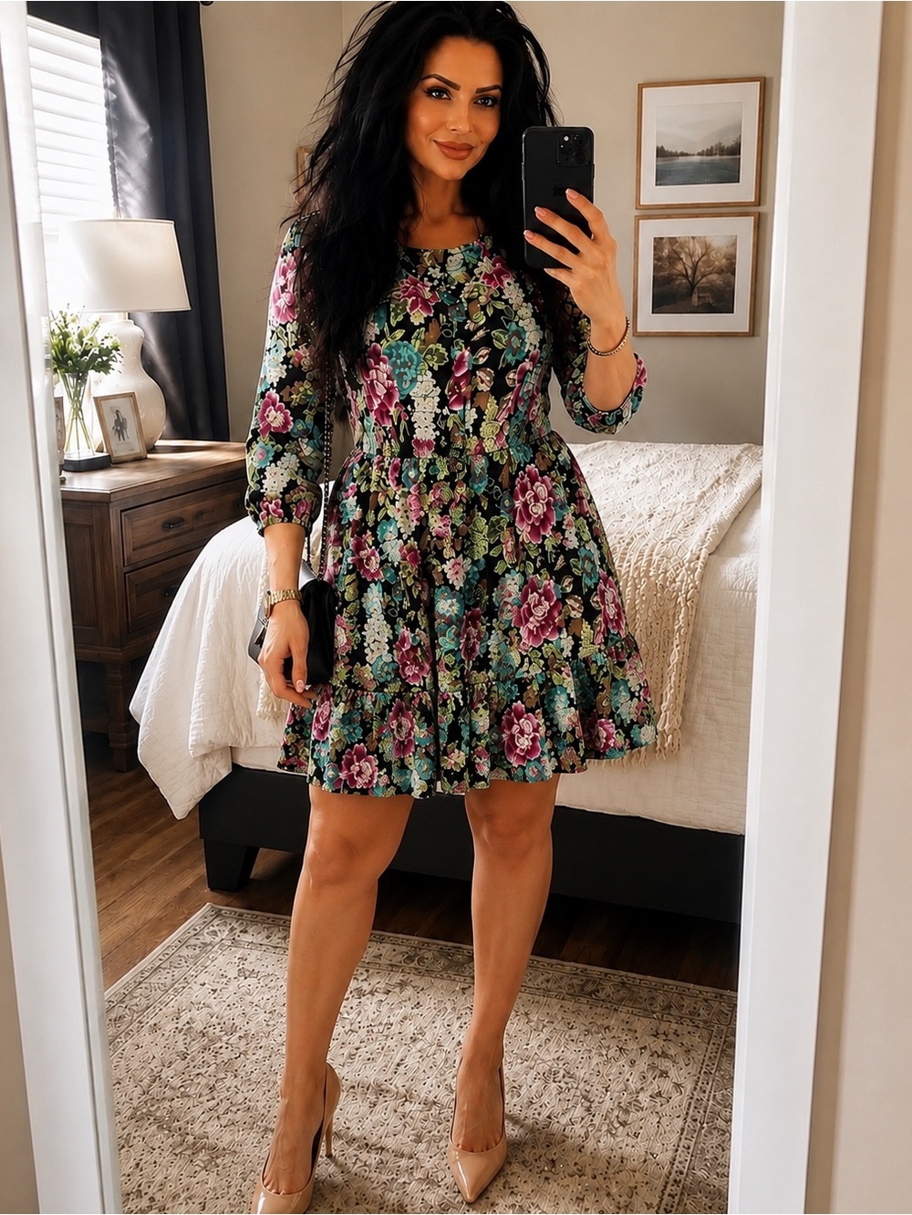 ENTRO Boho Floral Mini Dress – Smocked Bodice – 100% Cotton by Entro size large